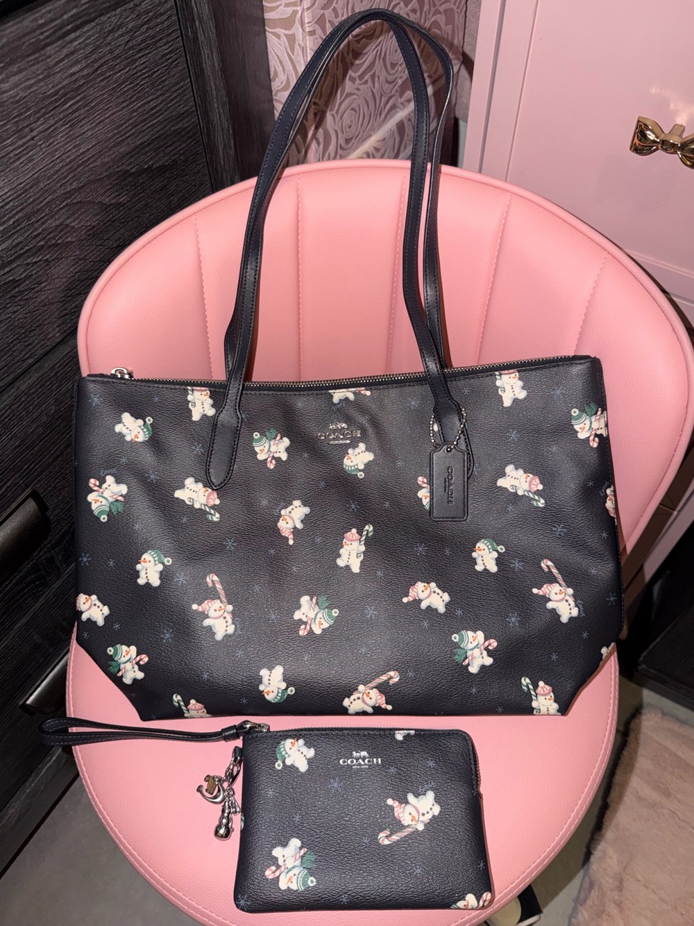 Coach Black Tote with Snowman Print and Matching Wristlet